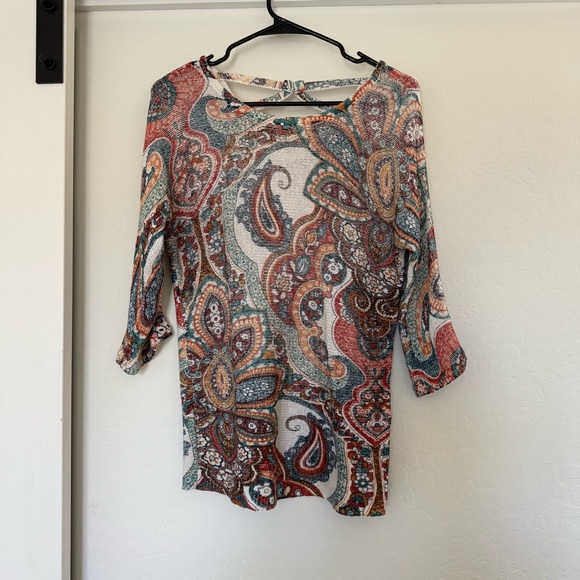 Chico's Women's Paisley Cross-back Detail 3/4 Sleeve Sweater 00 xs Colorful Knit - Picture 1 of 6